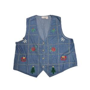 Vintage 90s Vest Denim Jean Christmas Size 3X 22W 24W Embroidered Button Up Tie